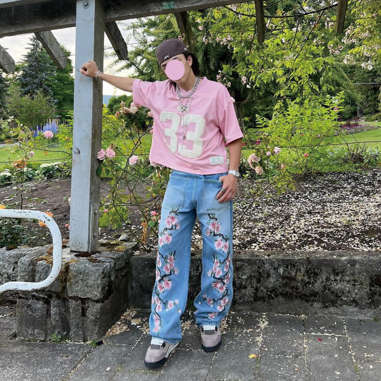 Embroidery Cherry Blossom Baggy Jeans