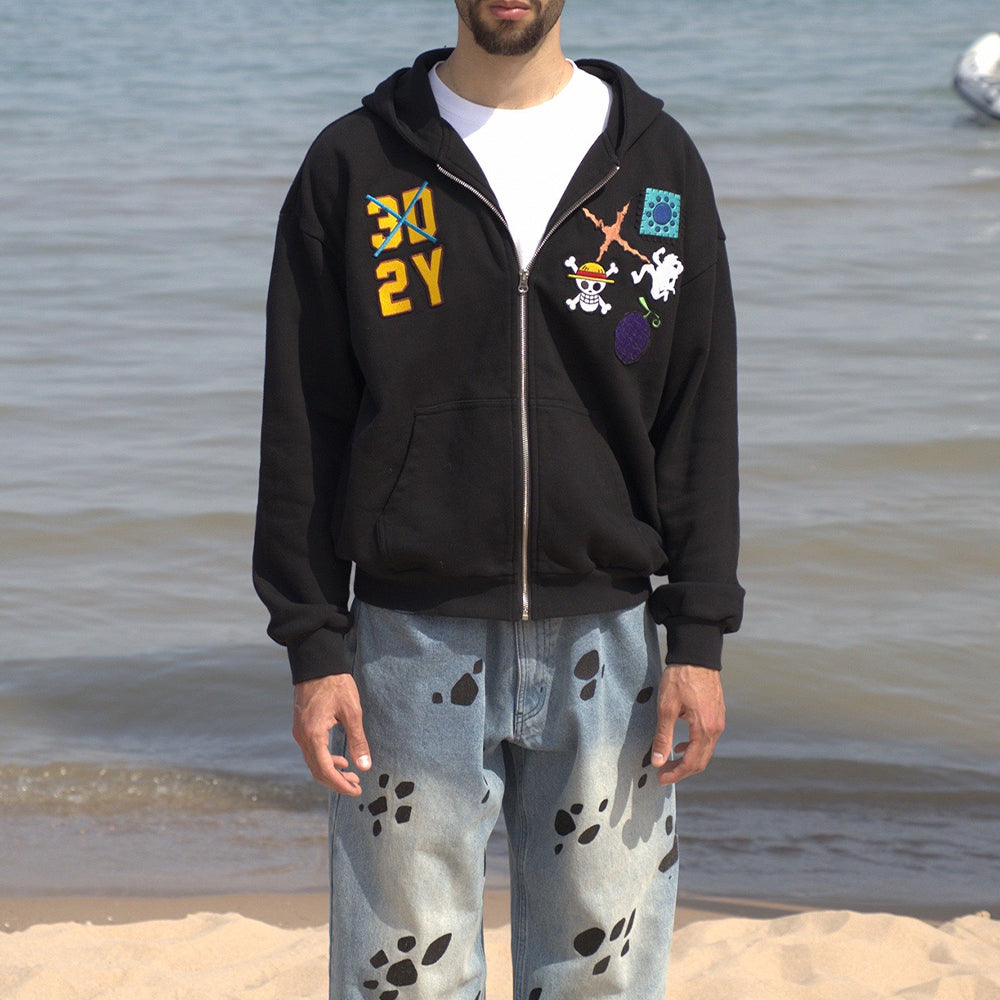 One Piece Collection Creative Graphic Embroidery Zip-Up Hoodie