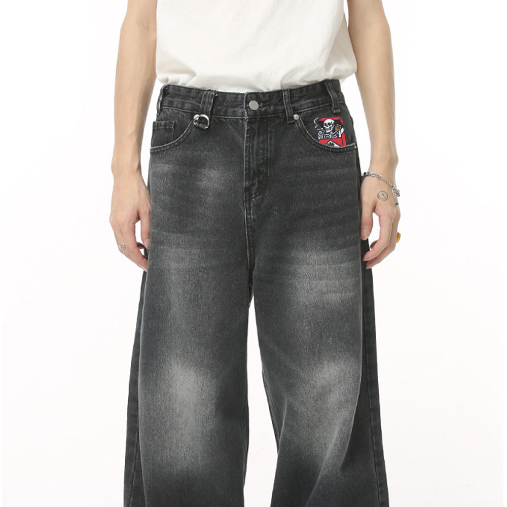 Cigarette Skull Embroidered Jeans
