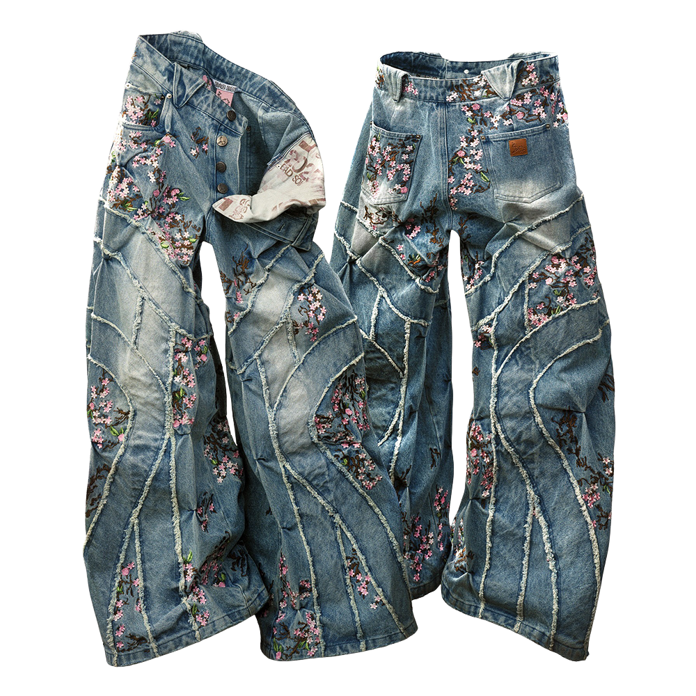 Vintage Wide-Leg Denim Jeans with Cherry Blossom Embroidery