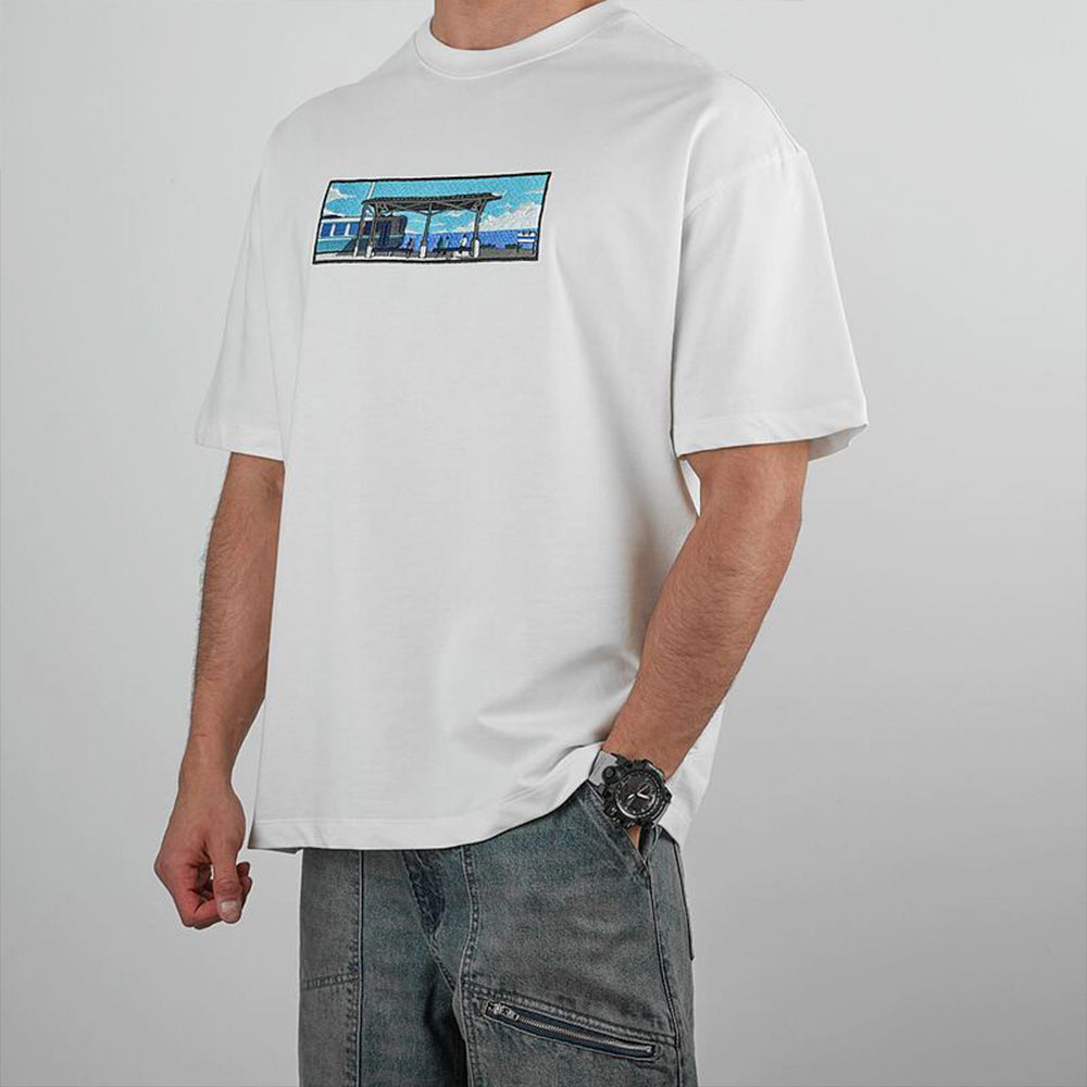 Seaside Platform, Waiting For The Train Creative Pattern Embroidered T-shirt