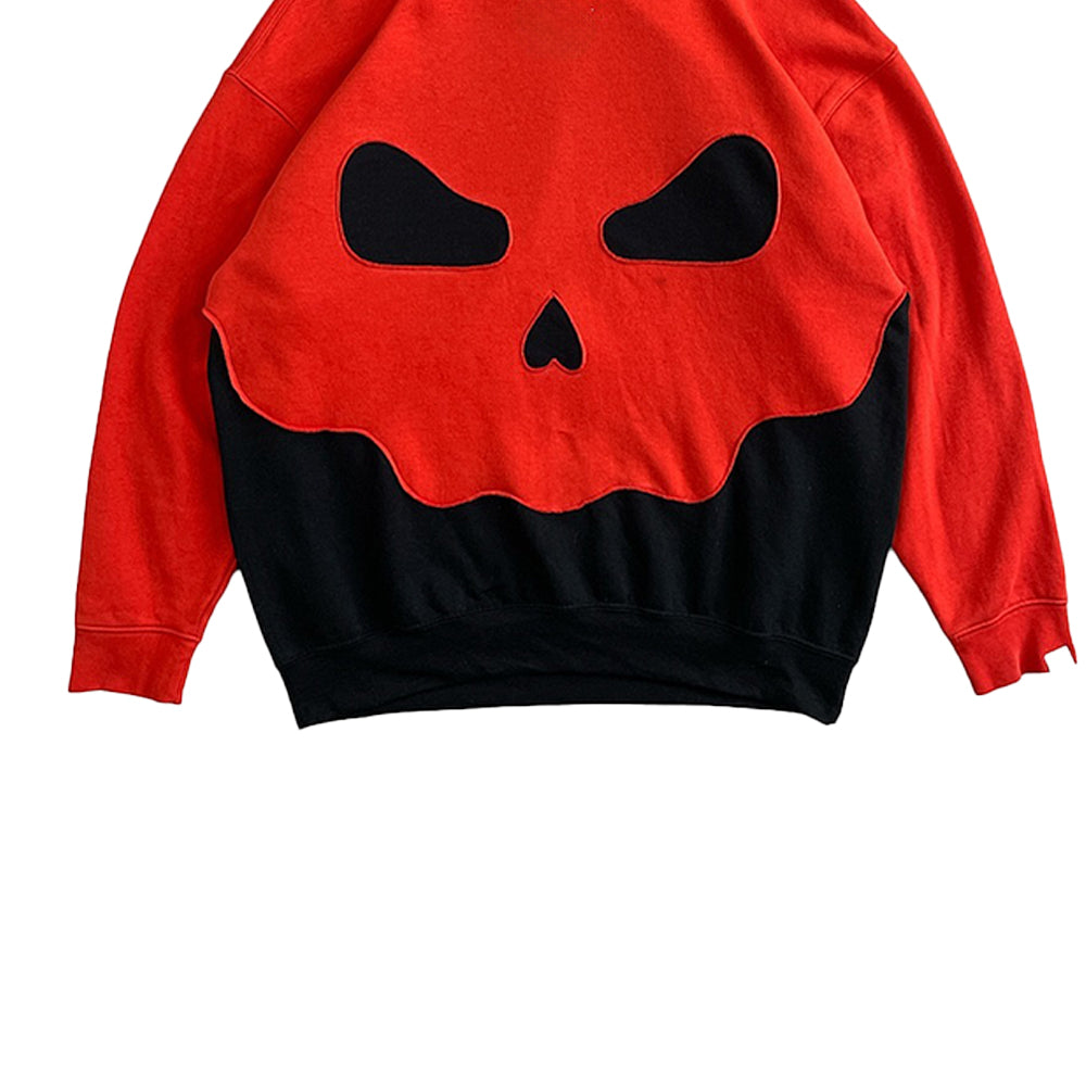 Red & Black Patchwork Hoodie with Demon Face Graphic