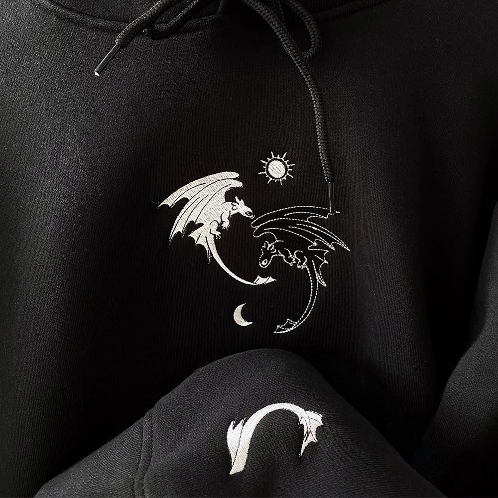 Night Fury And Light Fury Embroidered Black And White Hoodie