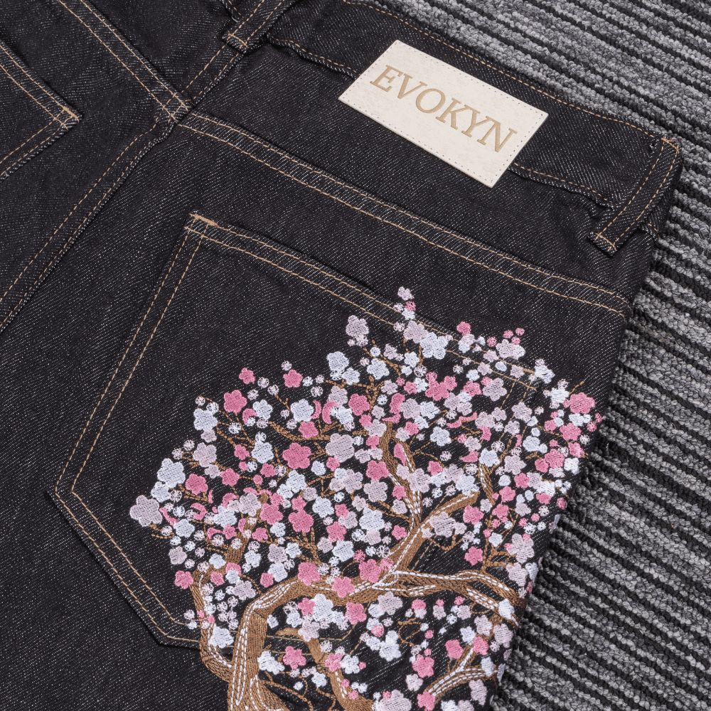 Embroidered Denim Jeans with Sakura Blossom