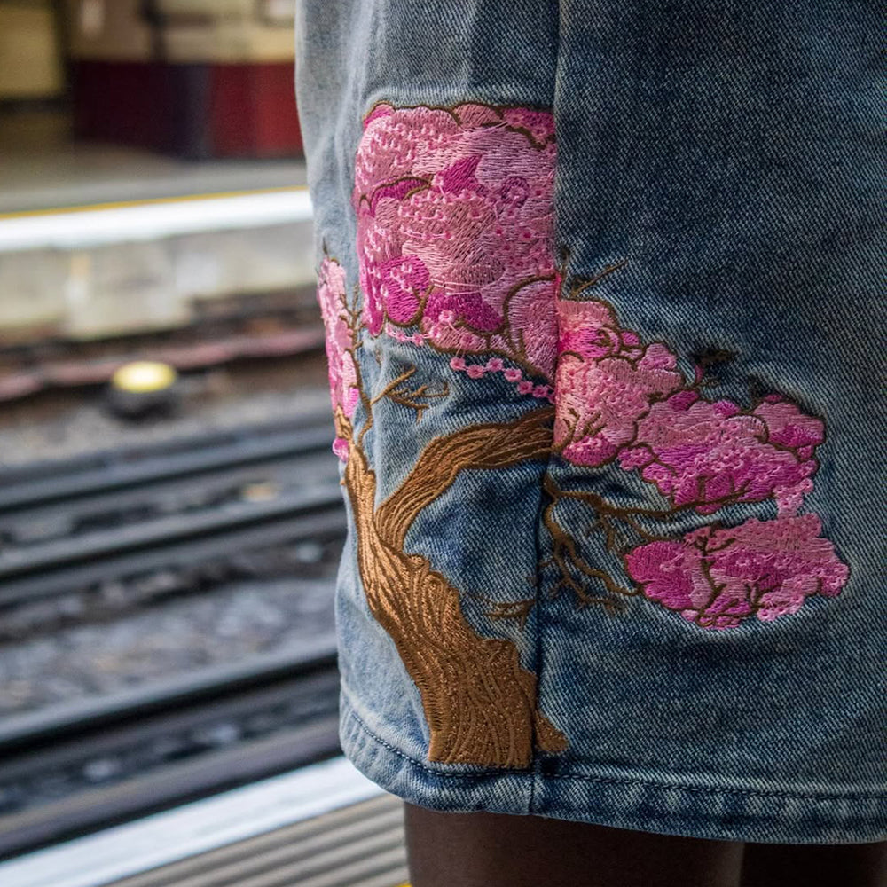 Embroidered Denim Shorts with Sakura Blossom Tree