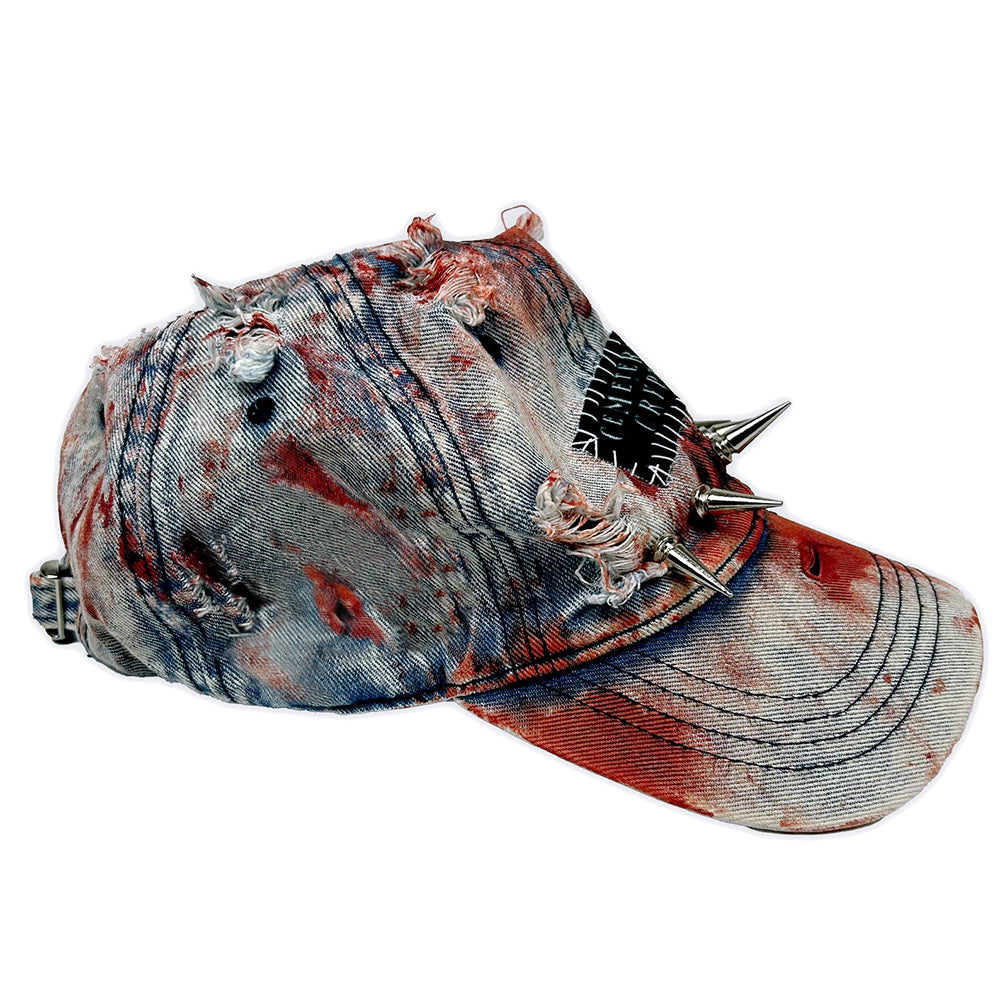 Distressed Denim Horror Spike Hat with Blood Splatter and Punk Studs