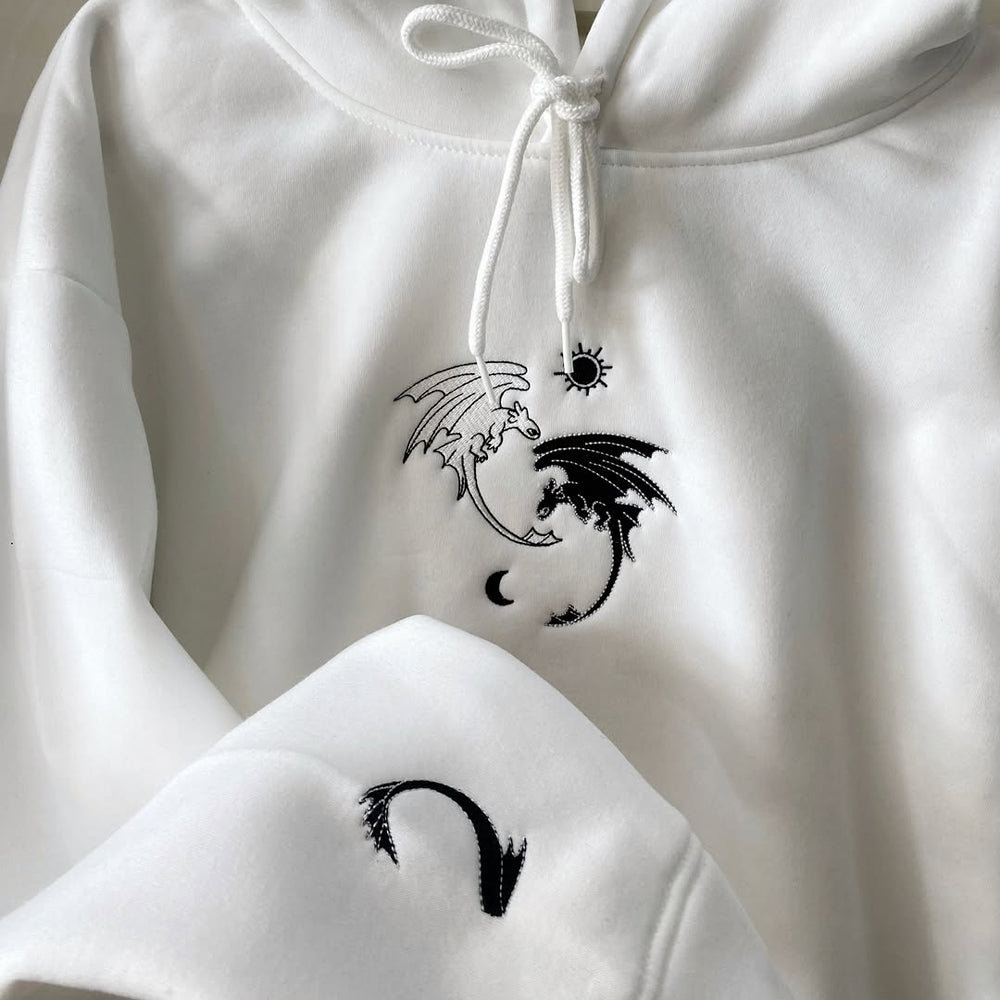 Night Fury And Light Fury Embroidered Black And White Hoodie