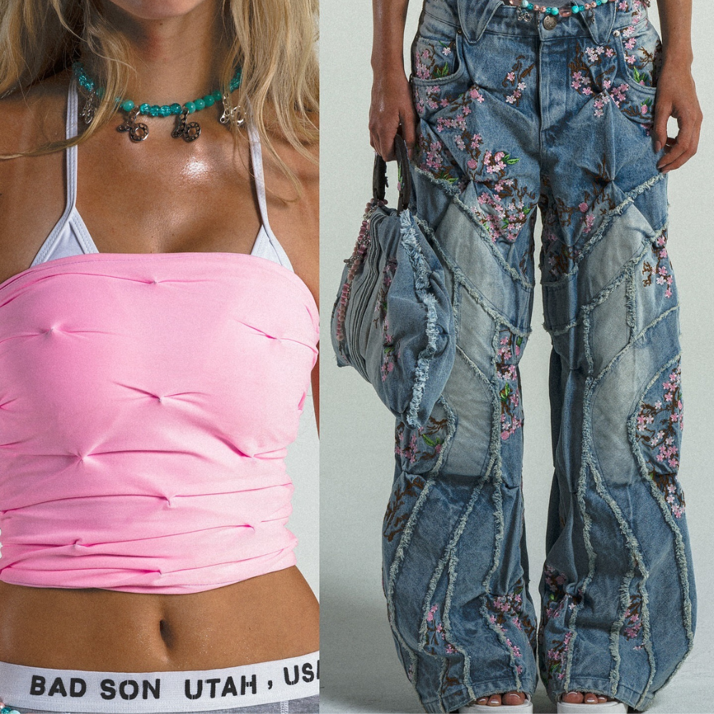 Vintage Wide-Leg Denim Jeans with Cherry Blossom Embroidery
