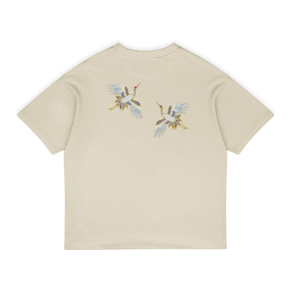 Embroidered Crane Pattern T-shirt