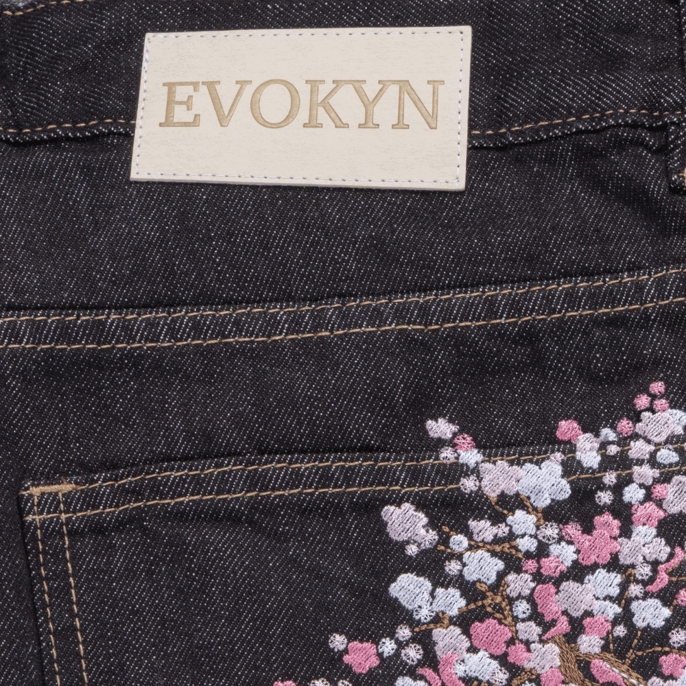 Embroidered Denim Jeans with Sakura Blossom