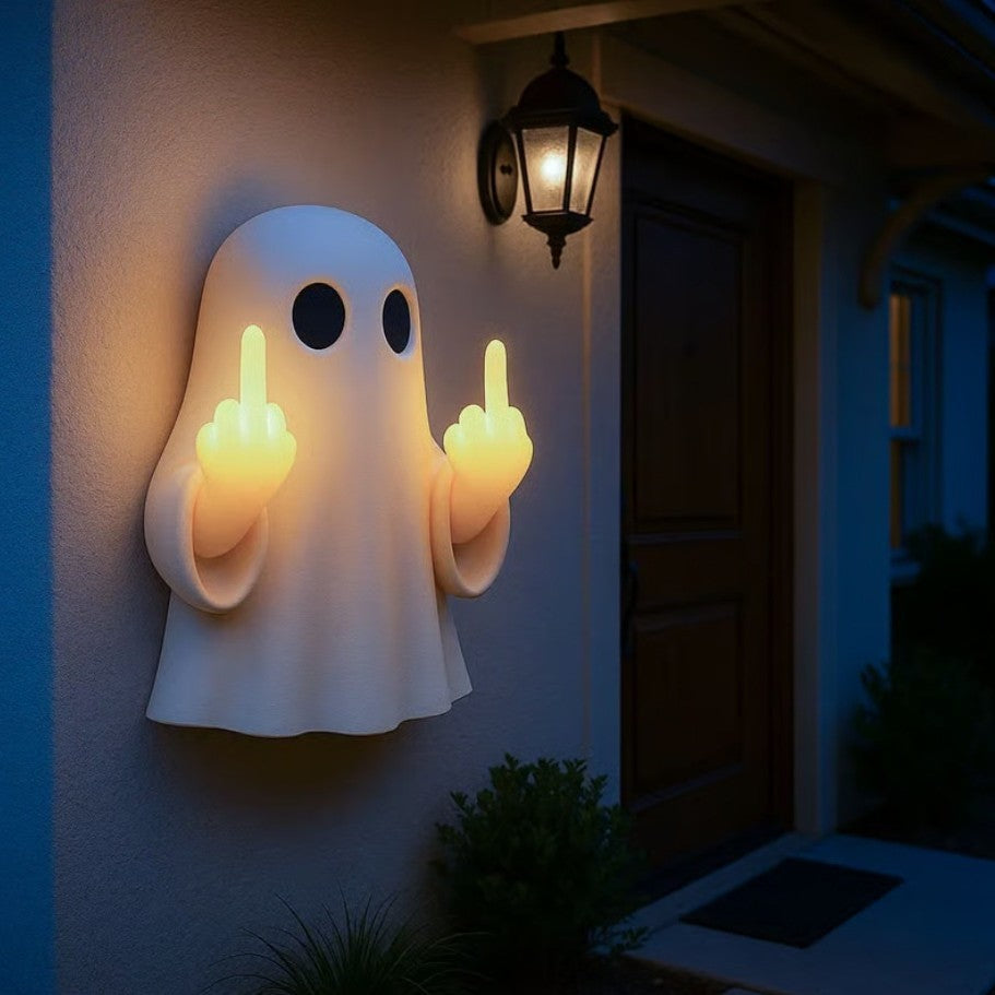 SpookyFlip Ghost Glow Night Light displayed by a front door
