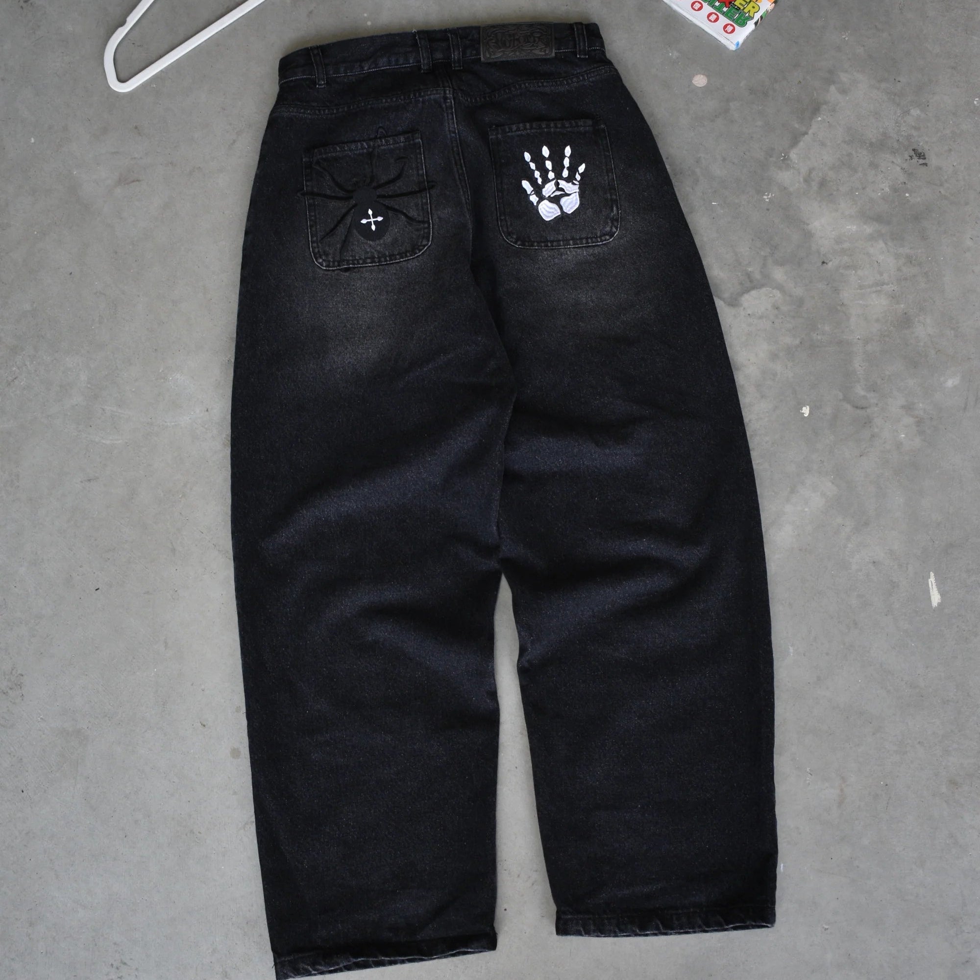 Spider and Handprint Embroidery with Streetwear Denim Pants