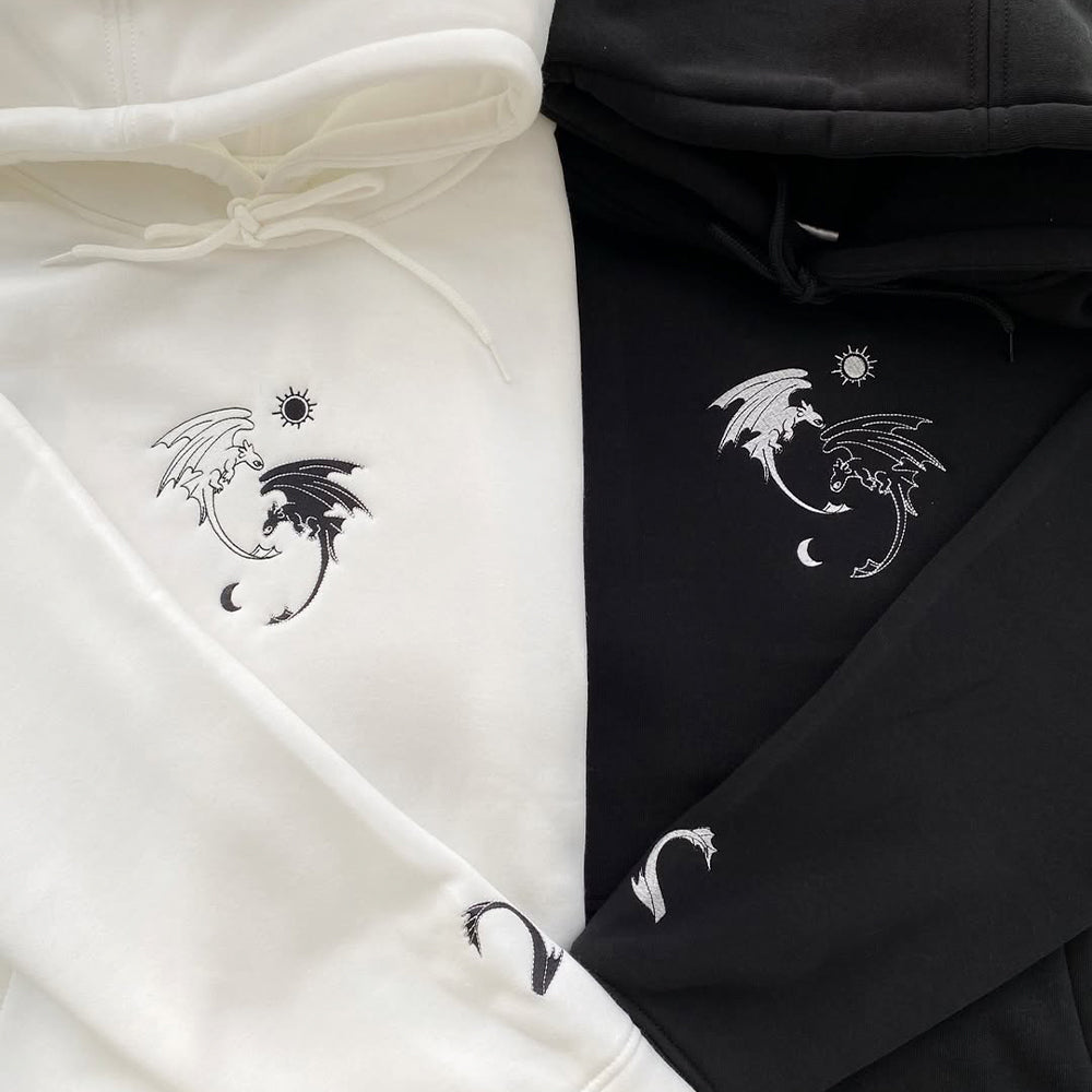 Night Fury And Light Fury Embroidered Black And White Hoodie