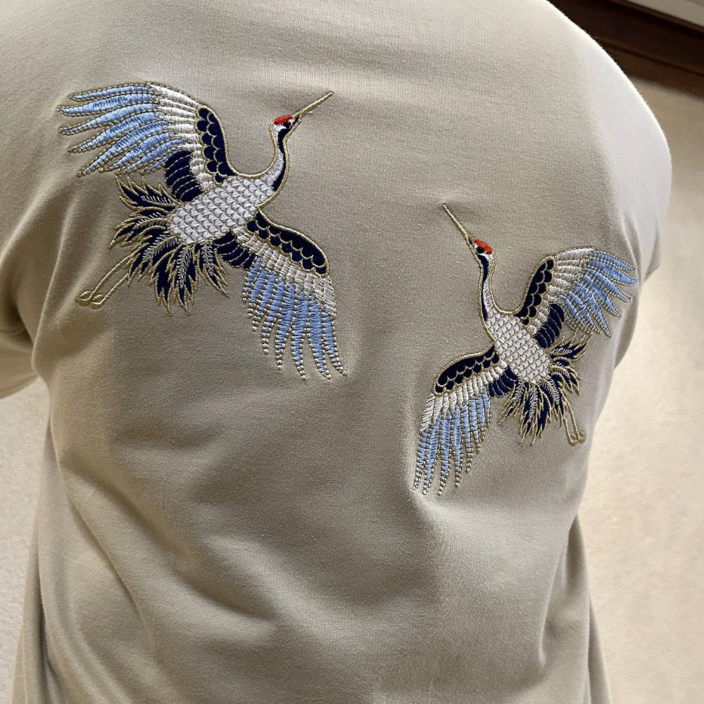 Embroidered Crane Pattern T-shirt