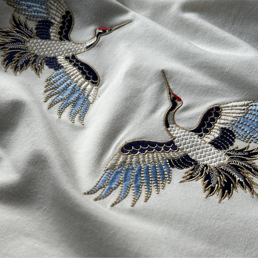 Embroidered Crane Pattern T-shirt