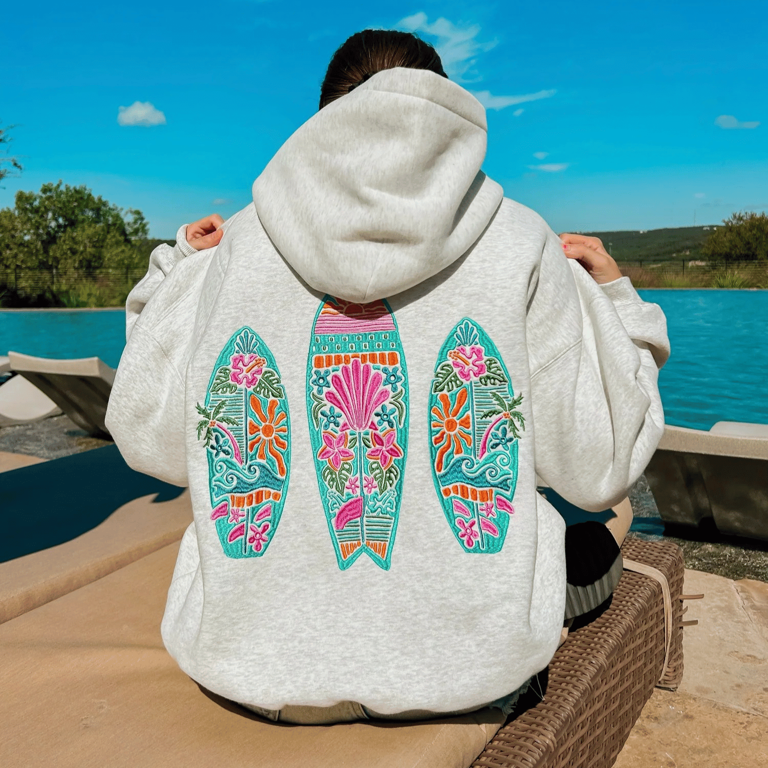 Embroidered Surfboard Floral Hoodie