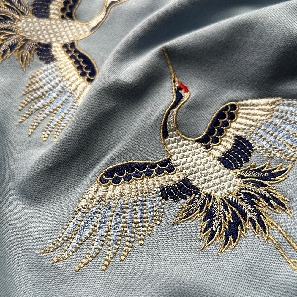 Embroidered Crane Pattern T-shirt