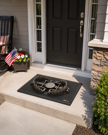 TrapStep Bear Trap Prank Doormat on a front porch