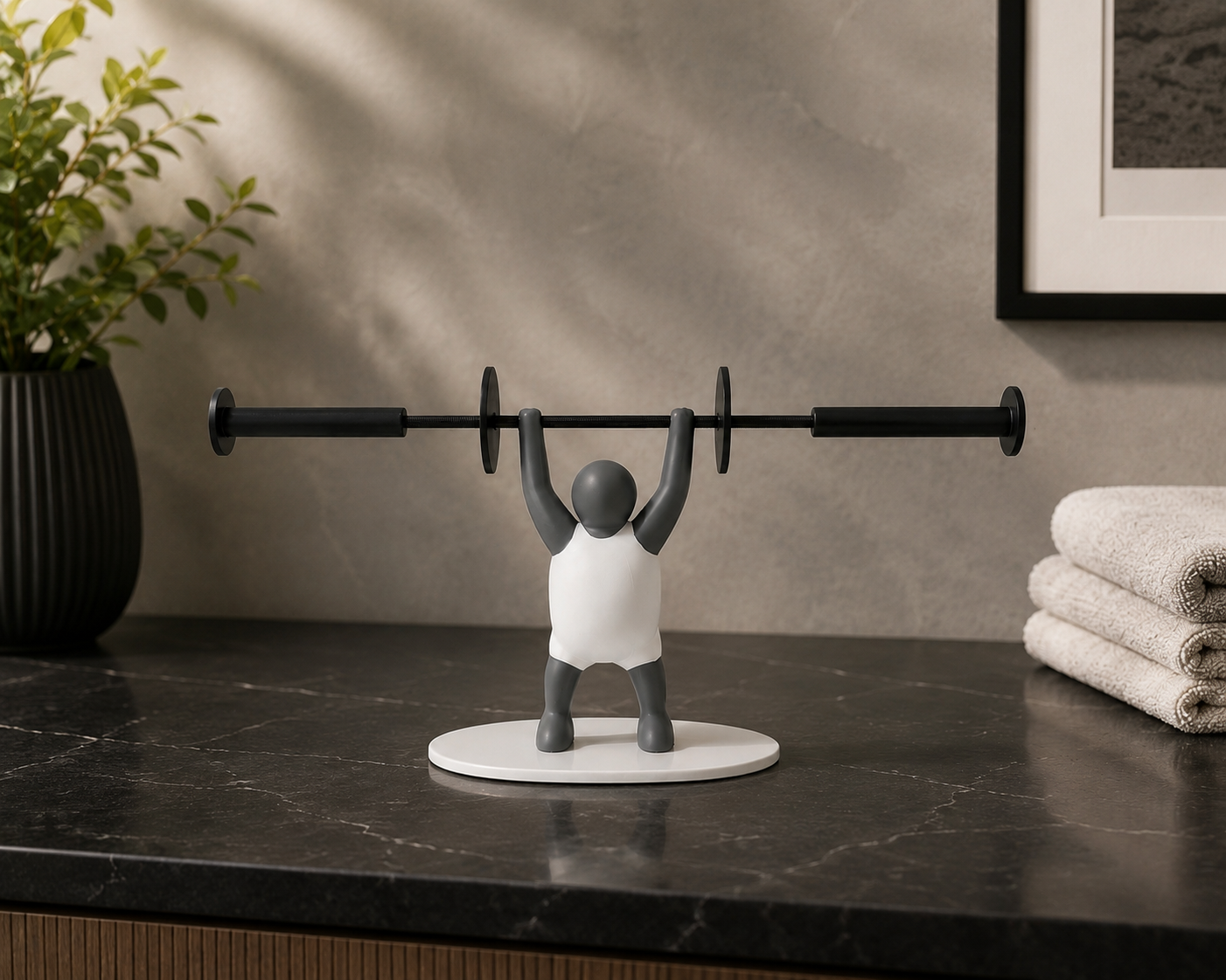 IronLift barbell toilet paper holder bathroom display