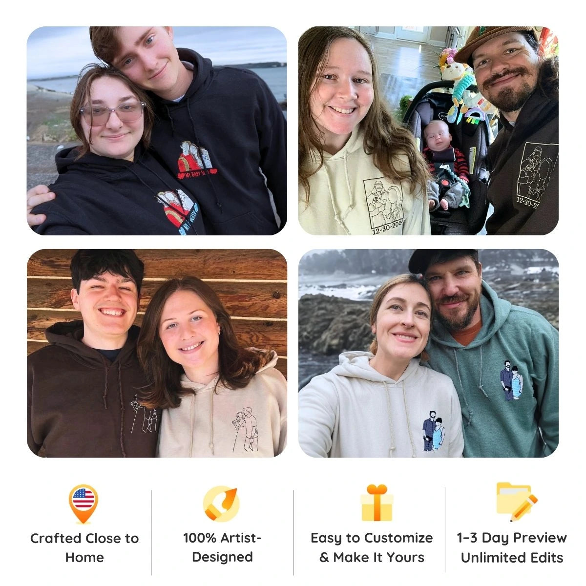 Custom Embroidered Photo Portrait Couple Hoodie or Sweatshirt