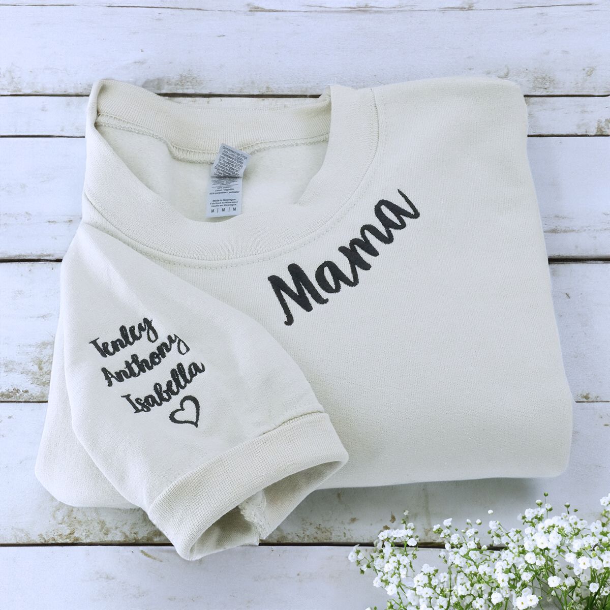 Custom Embroidered Mama T-shirt, Sweatshirt or Hoodie with Names on Sleeve