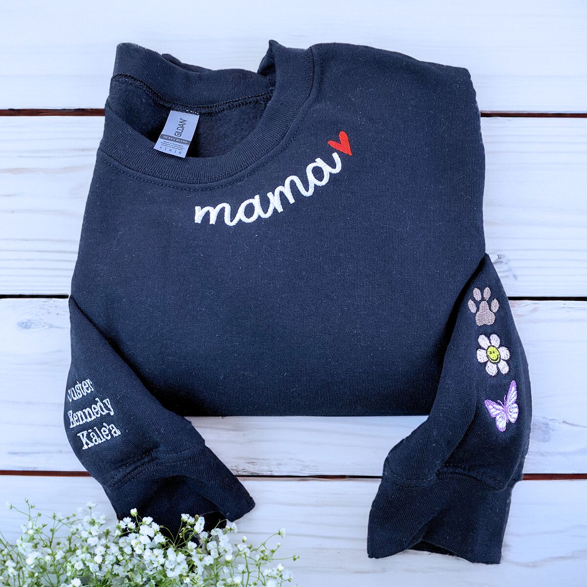 Custom Embroidered Mama T-shirt, Sweatshirt or Hoodie with Names on Sleeve