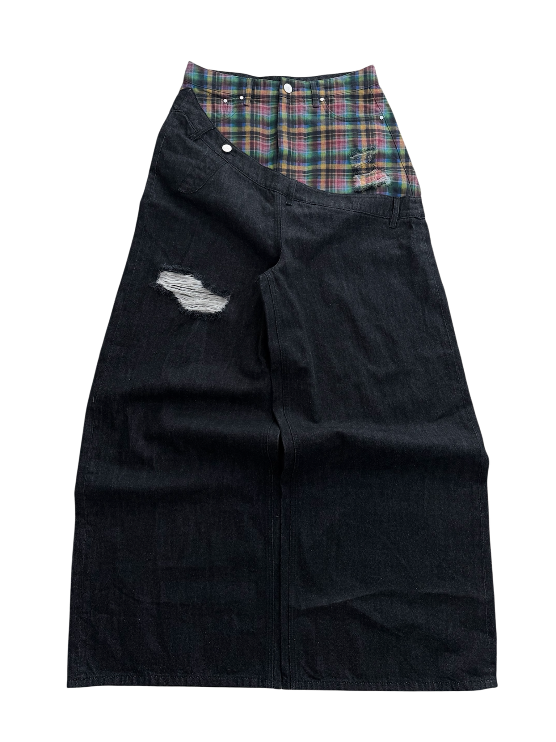 Plaid Print Distressed Wide-Leg Denim Pants