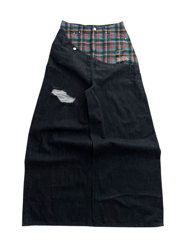 Plaid Print Distressed Wide-Leg Denim Pants