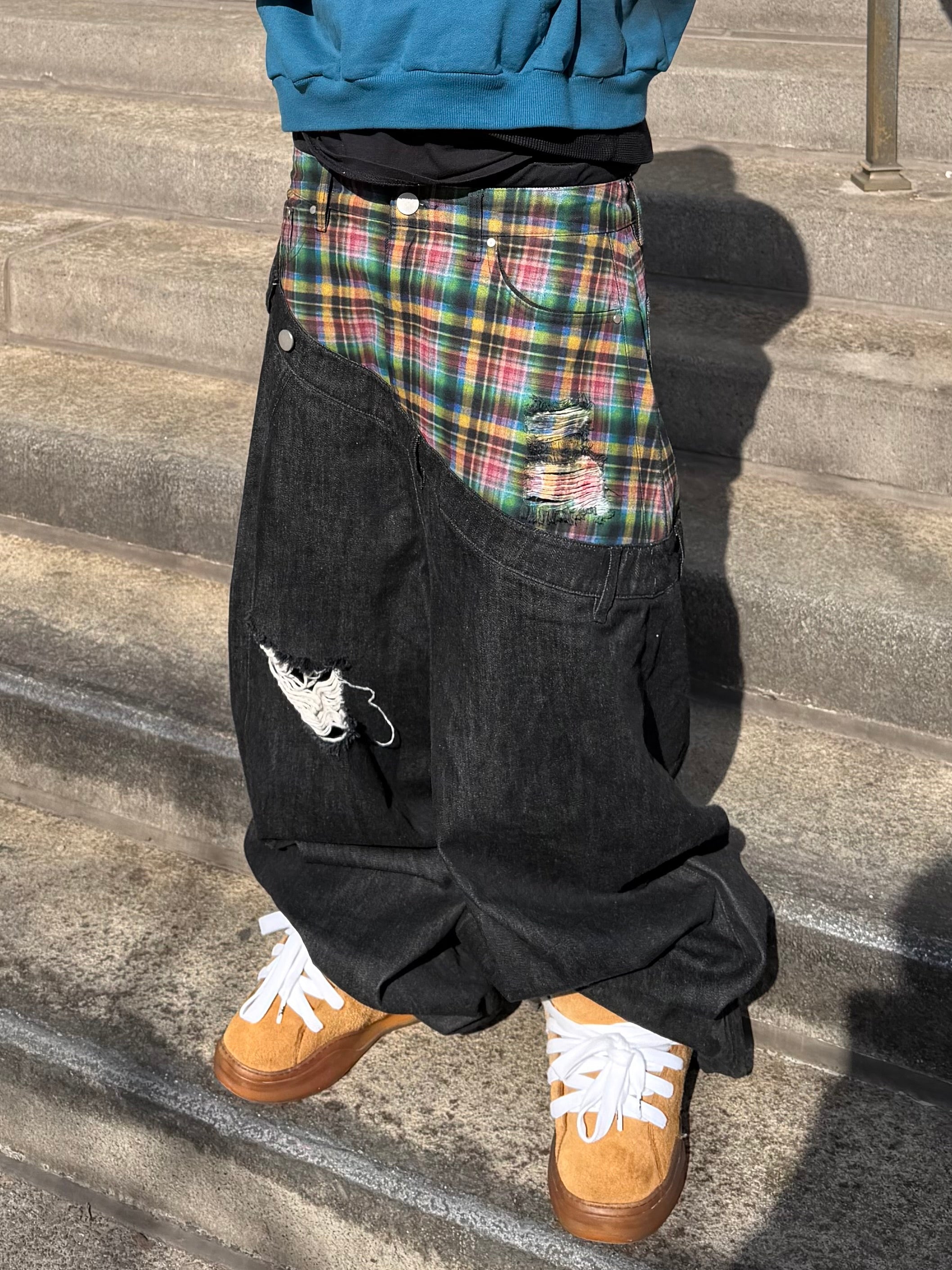 Plaid Print Distressed Wide-Leg Denim Pants