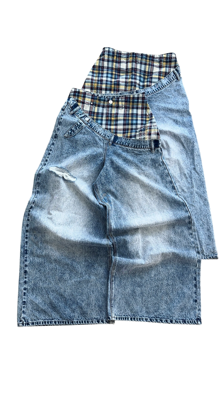 Plaid Print Distressed Wide-Leg Denim Pants