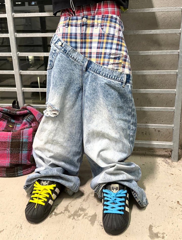 Plaid Print Distressed Wide-Leg Denim Pants