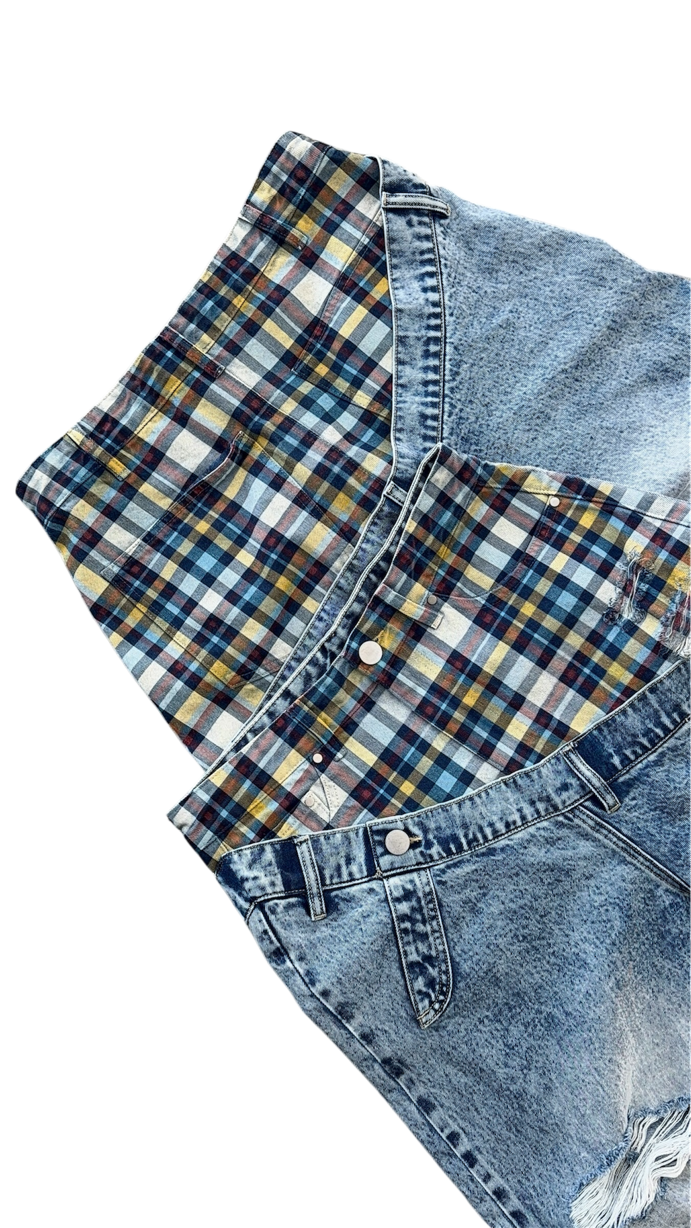Plaid Print Distressed Wide-Leg Denim Pants