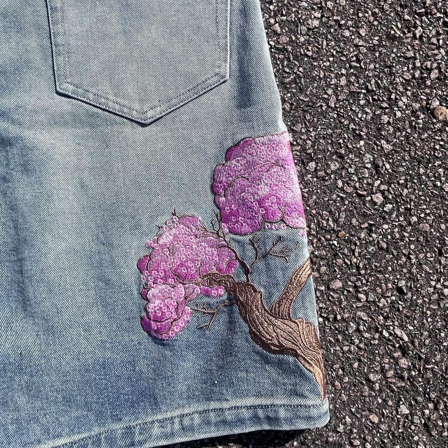 Embroidered Denim Shorts with Sakura Blossom Tree