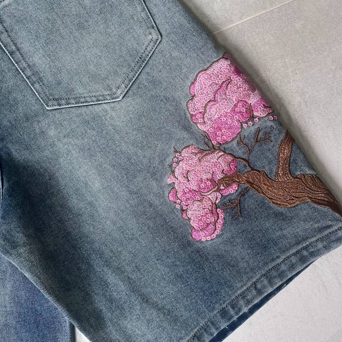 Embroidered Denim Shorts with Sakura Blossom Tree