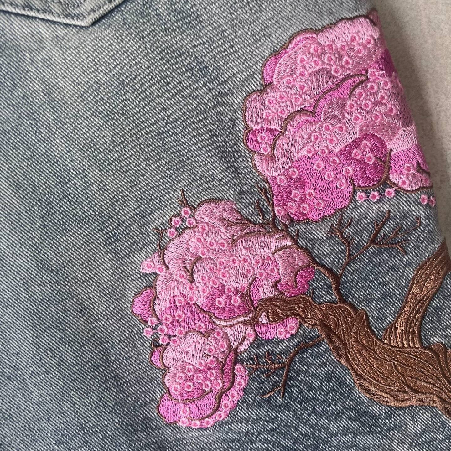 Embroidered Denim Shorts with Sakura Blossom Tree