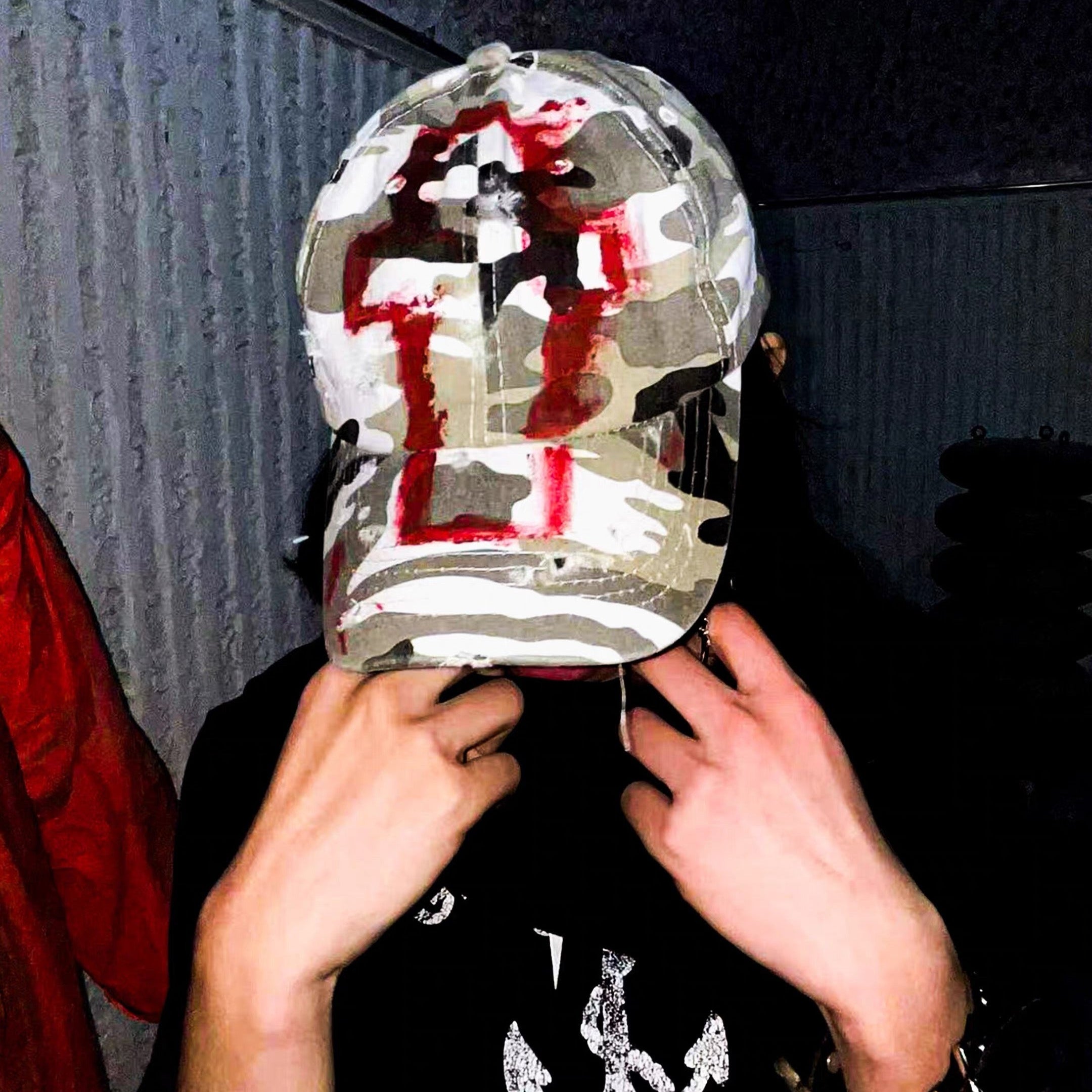 Distressed Camouflage Hat with Blood Splatter