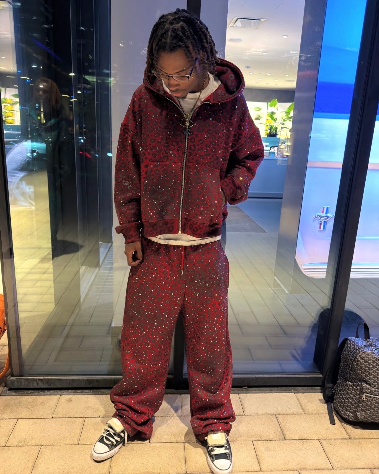 Diamond Cheetah Rhinestone Zip-Up Hoodie and Wide Leg Pants Set