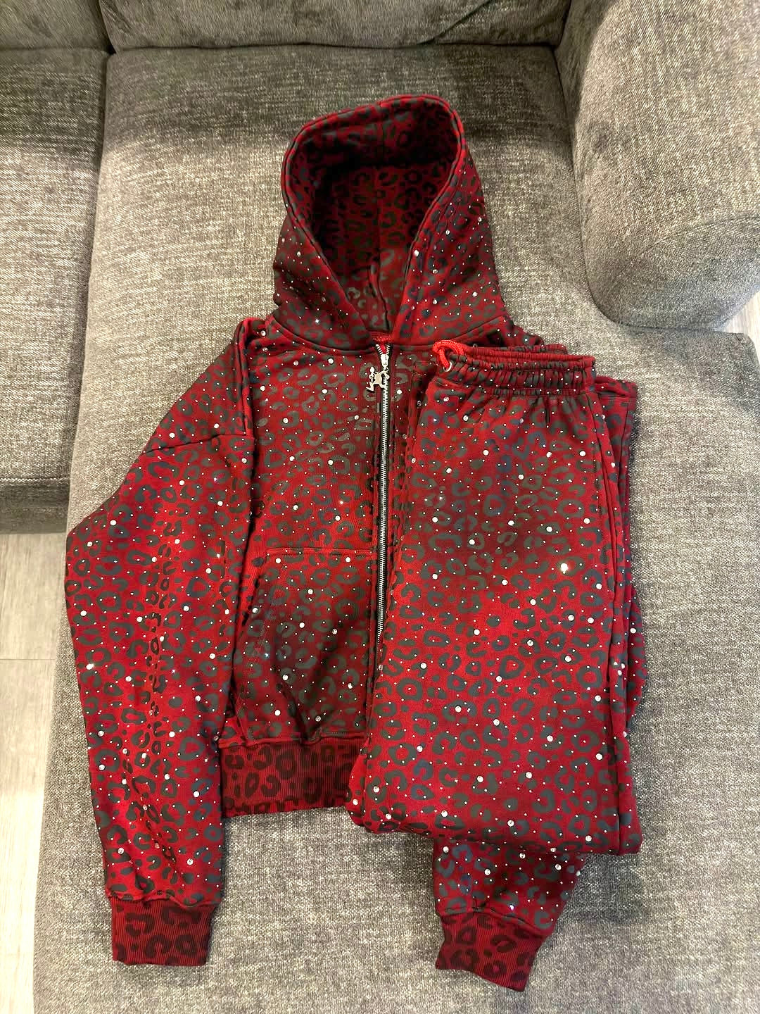 Diamond Cheetah Rhinestone Zip-Up Hoodie and Wide Leg Pants Set