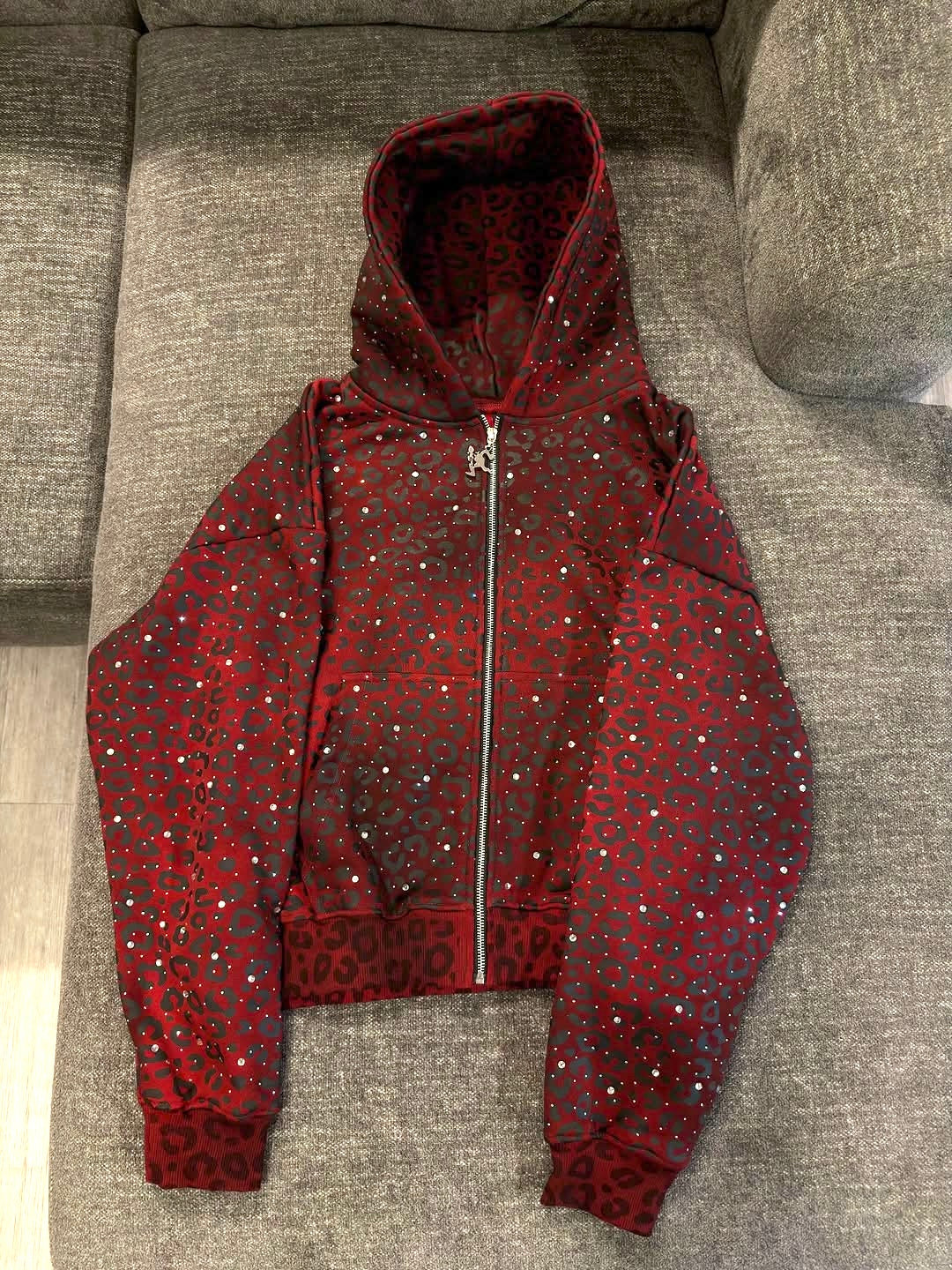 Diamond Cheetah Rhinestone Zip-Up Hoodie and Wide Leg Pants Set