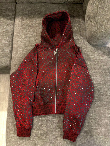 Diamond Cheetah Rhinestone Zip-Up Hoodie and Wide Leg Pants Set