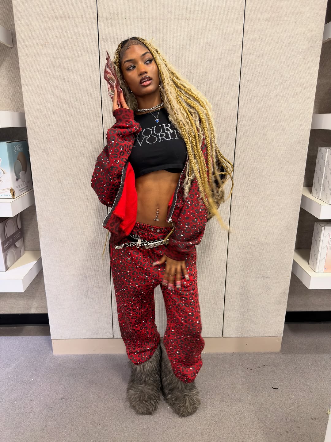 Diamond Cheetah Rhinestone Zip-Up Hoodie and Wide Leg Pants Set