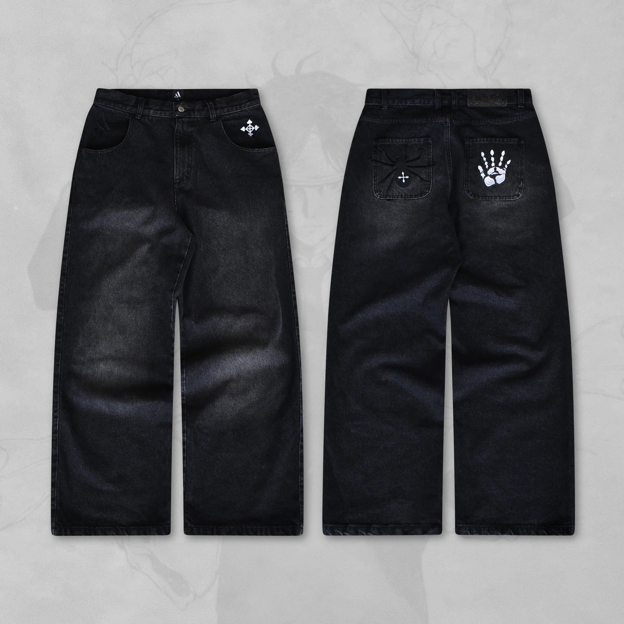 Spider and Handprint Embroidery with Streetwear Denim Pants