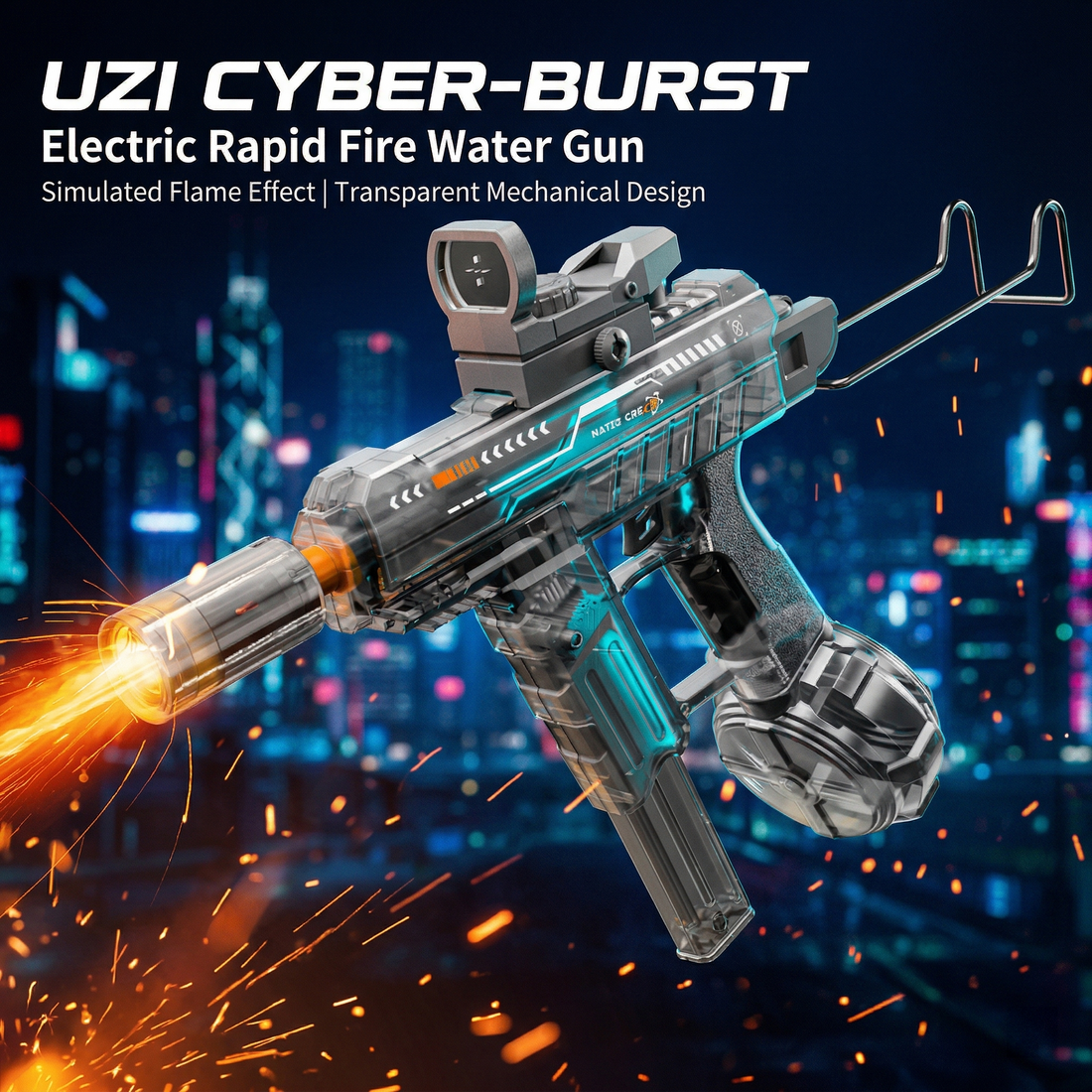 Electric UZI Water Gun – Automatic Rapid-Fire Water Blaster (Flame Effect Edition)