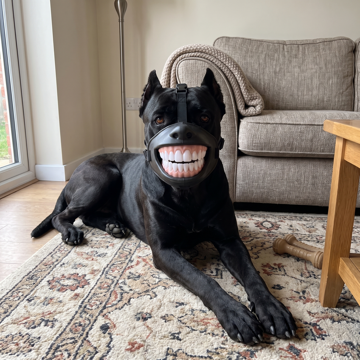 Large dog wearing GrinGuard funny muzzle indoors