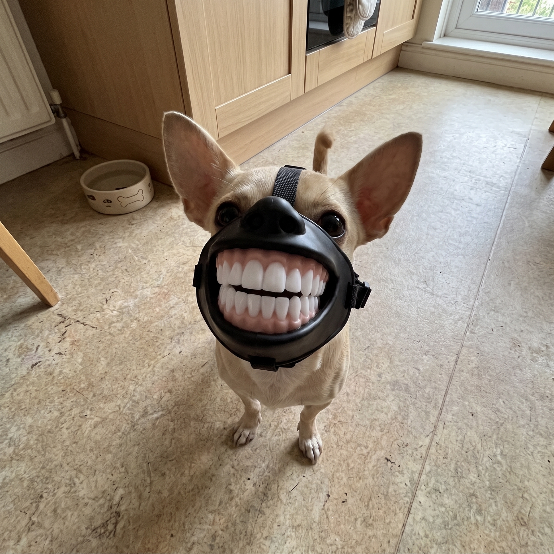 Small dog wearing GrinGuard funny muzzle