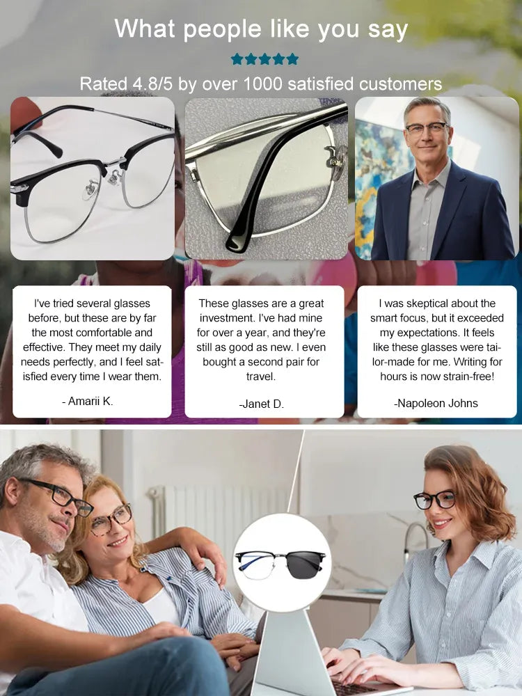 Intelligent Auto-Focus Reading Glasses – Blue-Light Blocking, No-Prescription Needed, Ultra-Lightweight Photochromic Lenses