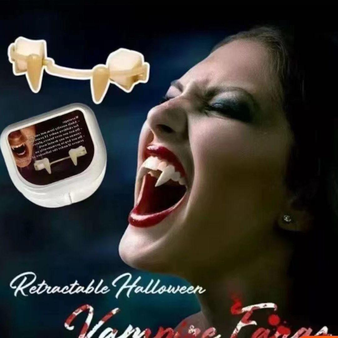 NightFang retractable vampire fangs with packaging and a Halloween costume look
