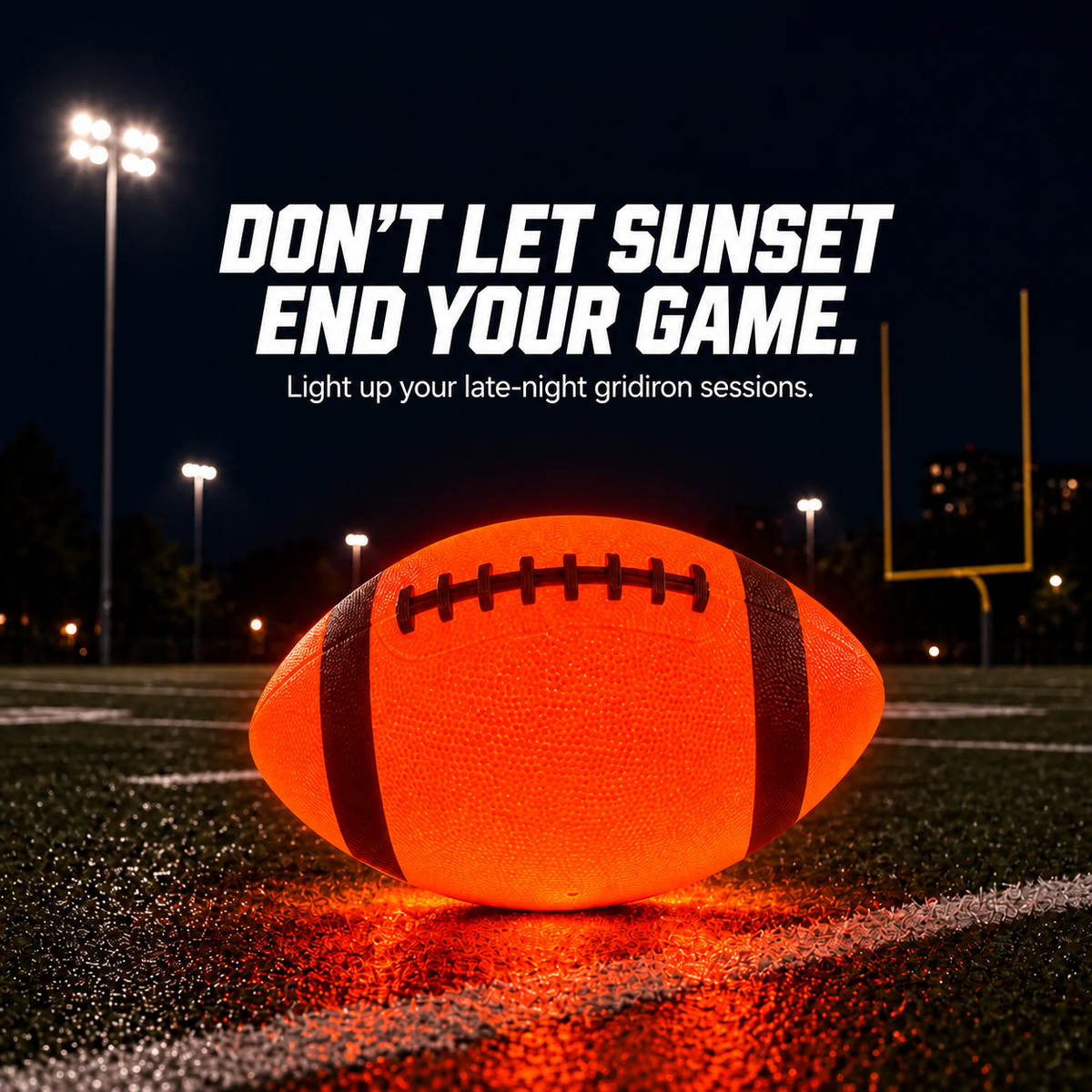 NightPass orange LED football glowing on an outdoor field at night